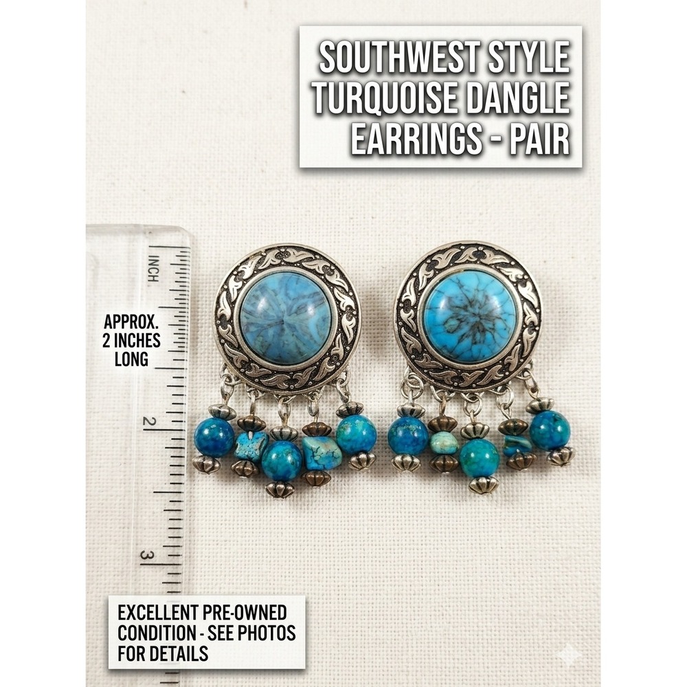 Southwest Turquoise Dangle Earrings Silver Tone Filigree Boho Vintage Style Pair